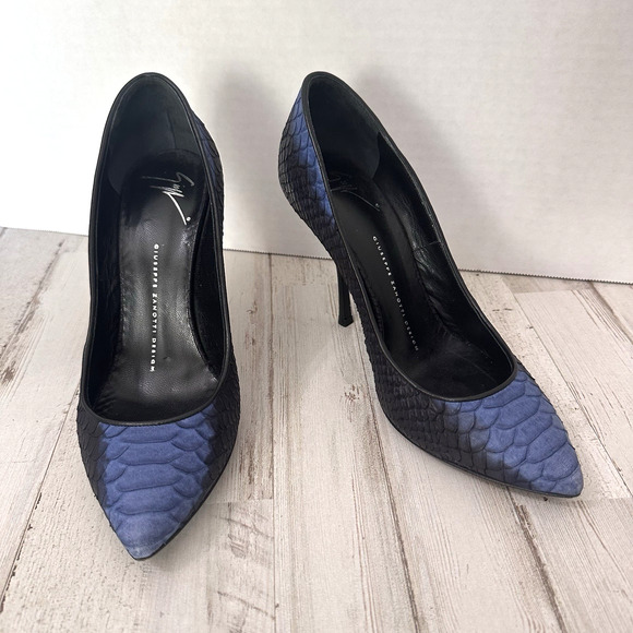 GIUSEPPE ZANOTTI Heels 37.5 Leather Snake Embossed Print Lucrecia Blue Black 7.5